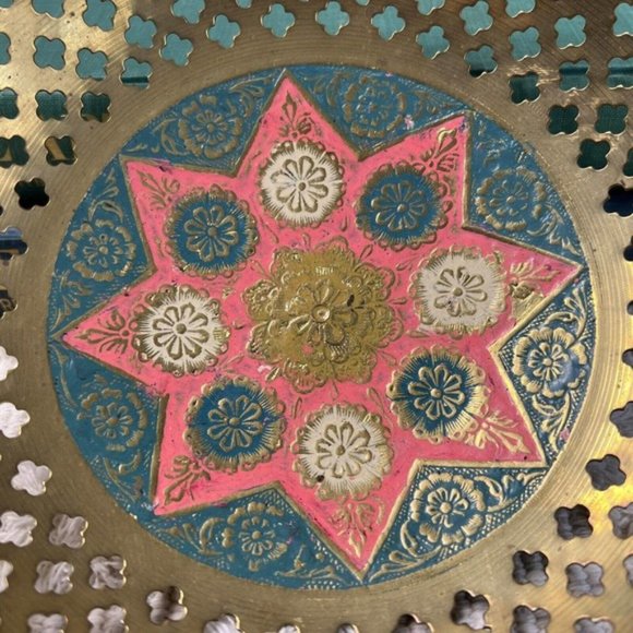 Vintage Cut Out Pierced Brass Bowl Enamel Boho Patina Distressed Made India - Picture 6 of 12